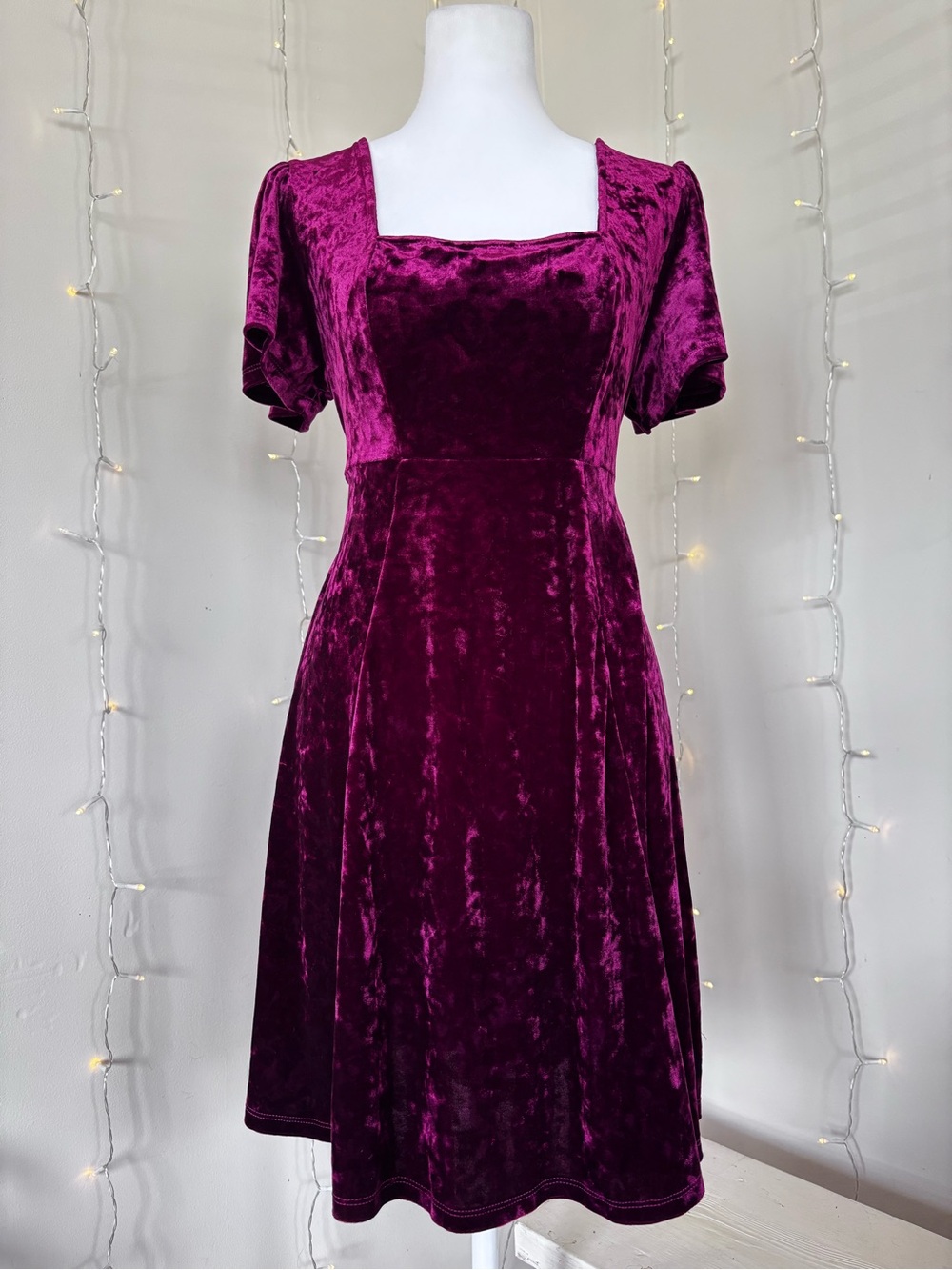 Deep Magenta Velvet Square-Neck Midi Dress